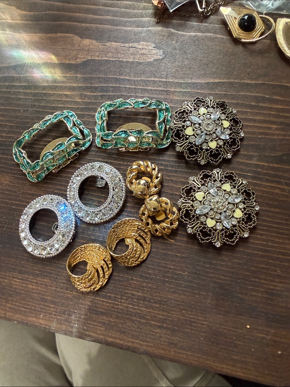 Vintage Shoe Clips Lot 5 Pairs Rhinestone Gold Tone Silver Tone Green Enamel